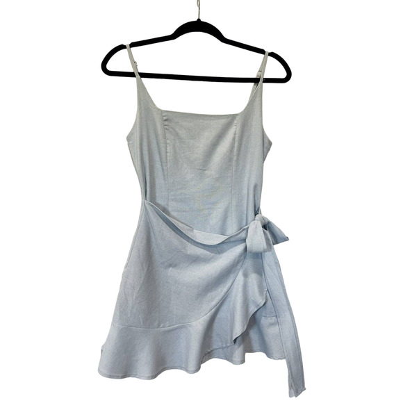 Princess Polly Dresses & Skirts - Princess Polly Baby Blue Mini Dress Wrap Tie Front Ruffle Spaghetti Straps Sz 4